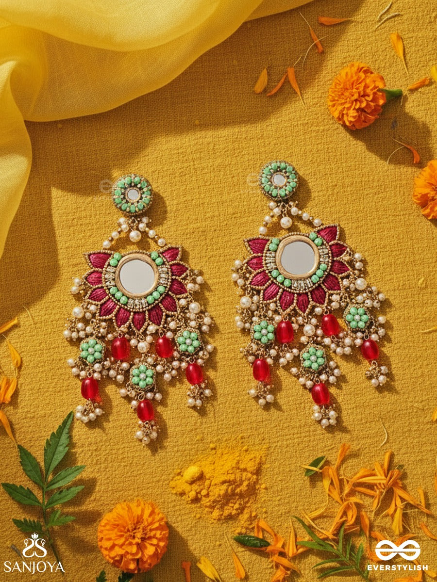 Rangkamini - Jewelled Blossom - Grand Floral Chandelier Earrings With Mirror Centre, Ruby Petal Motifs, Turquoise Accents And Gem Drop Cascade