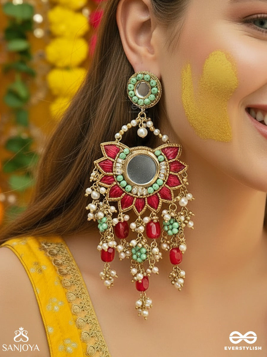 Rangkamini - Jewelled Blossom - Grand Floral Chandelier Earrings With Mirror Centre, Ruby Petal Motifs, Turquoise Accents And Gem Drop Cascade