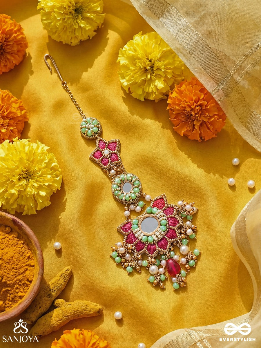 Rangkamini - Jewelled Blossom - Ornate Maangtika With Floral Mirror Medallion, Ruby Panels, Turquoise Detail And Dangling Gem Accents