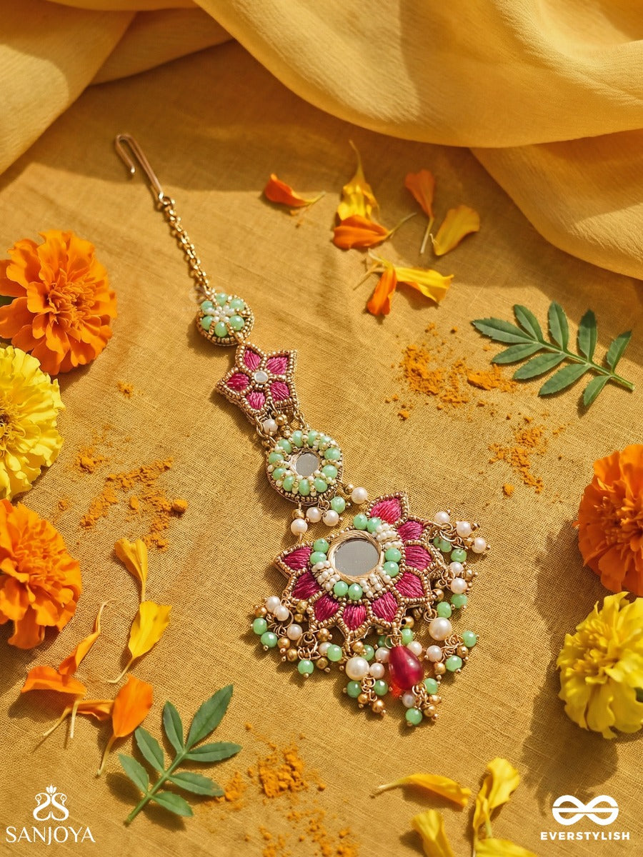 Rangkamini - Jewelled Blossom - Ornate Maangtika With Floral Mirror Medallion, Ruby Panels, Turquoise Detail And Dangling Gem Accents