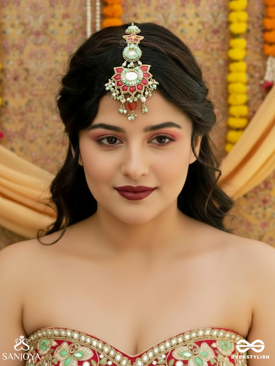 Rangkamini - Jewelled Blossom - Ornate Maangtika With Floral Mirror Medallion, Ruby Panels, Turquoise Detail And Dangling Gem Accents