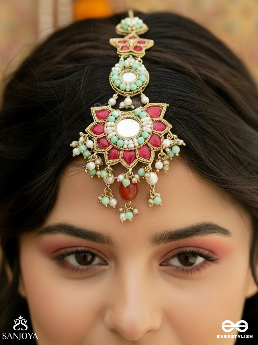 Rangkamini - Jewelled Blossom - Ornate Maangtika With Floral Mirror Medallion, Ruby Panels, Turquoise Detail And Dangling Gem Accents