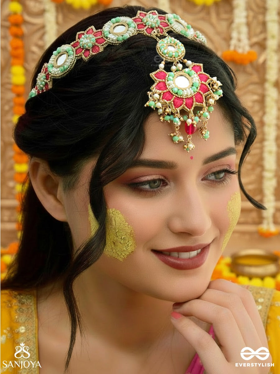 Vasukusuma - Treasured Bloom - Floral Forehead Ornament With Mirror Medallions, Ruby Blossom Motifs And Gem Drop Centrepiece