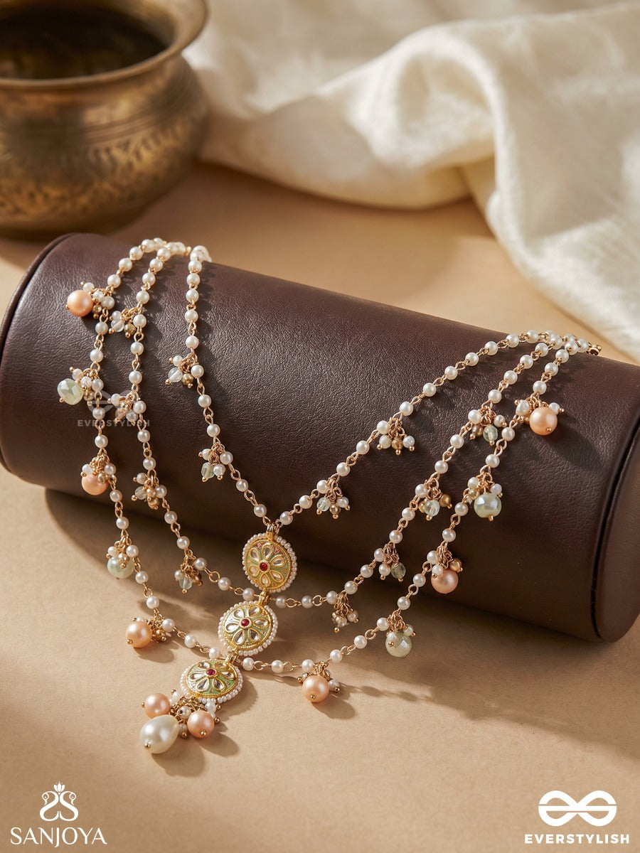 Tanvika - Delicate Beauty- Delicate Enamelled Multi-Chain Neckpiece With Pearls And Beads
