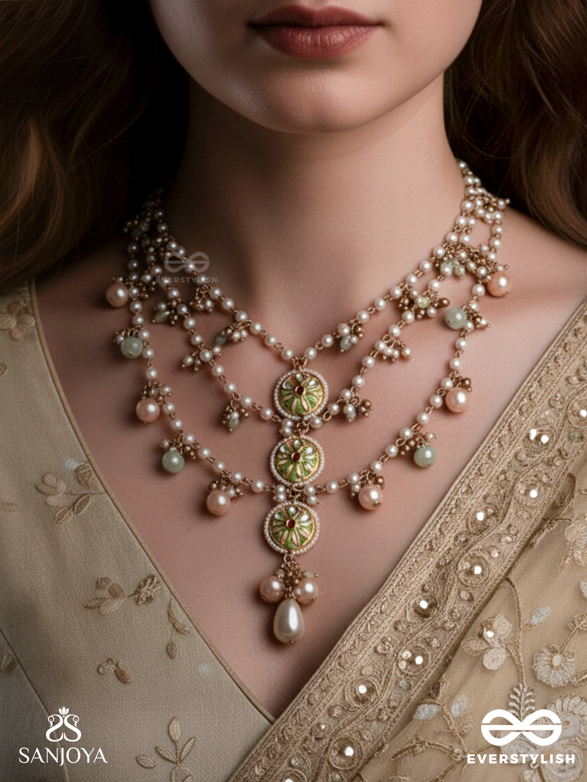 Tanvika - Delicate Beauty- Delicate Enamelled Multi-Chain Neckpiece With Pearls And Beads