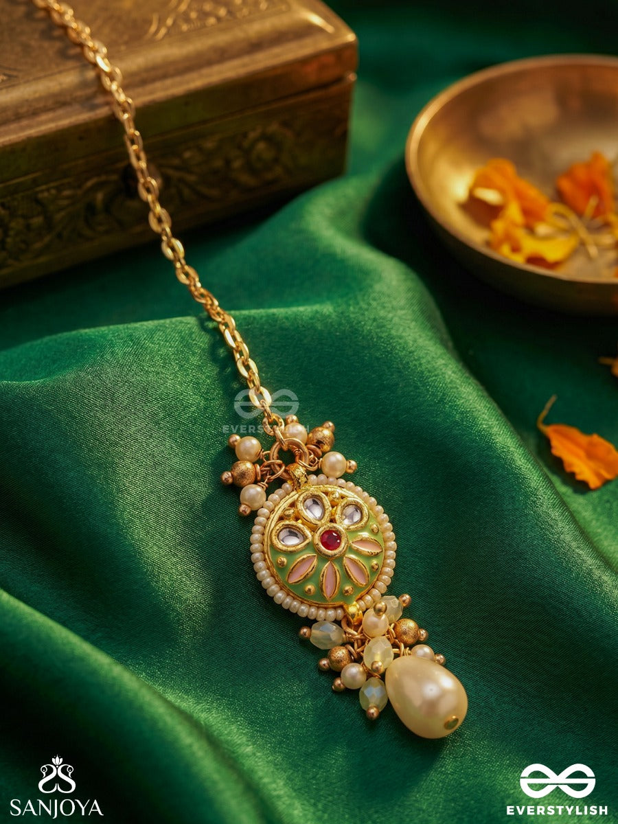 Tanvika - Delicate Beauty- Delicate Enamelled Maangtika With Pearls And Beads