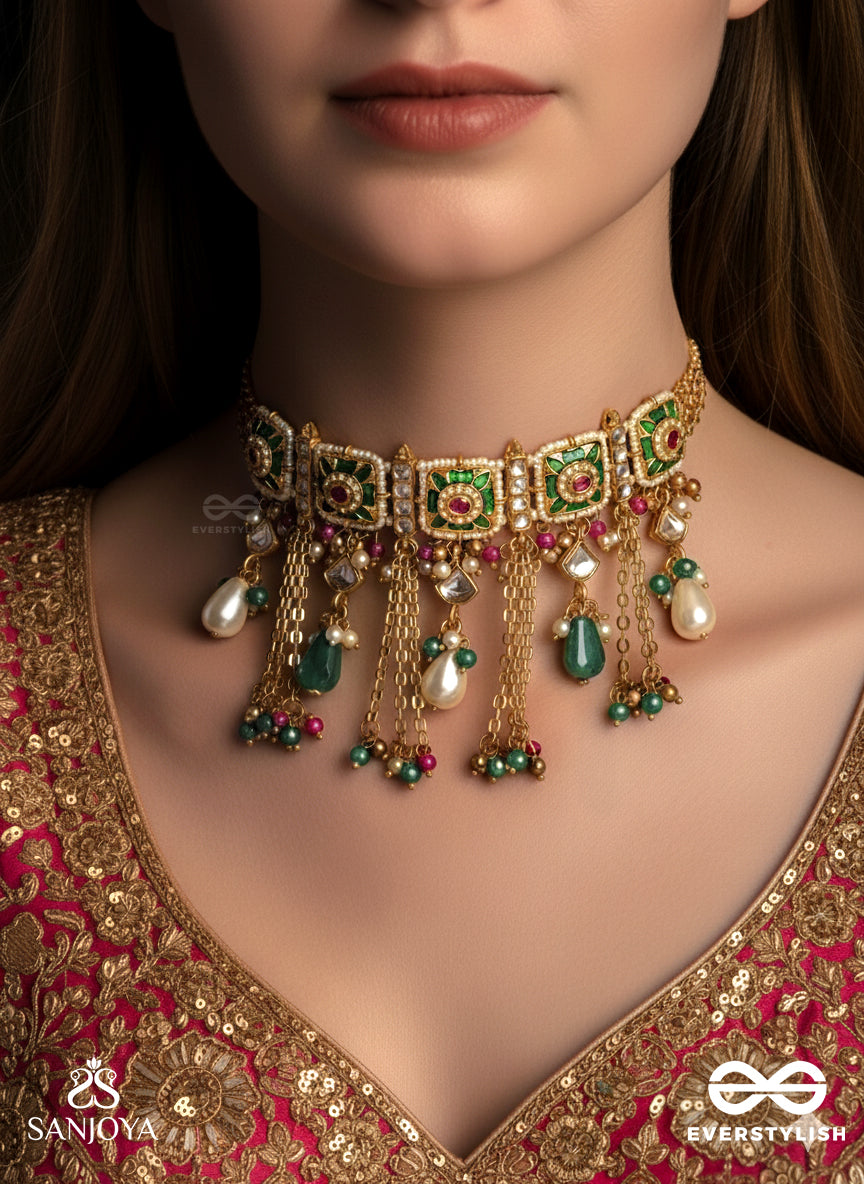 Raniraga - Queen's Melody- Exquisite Kundan Neckpiece With Floral Enamel Work, Beads And Pearls