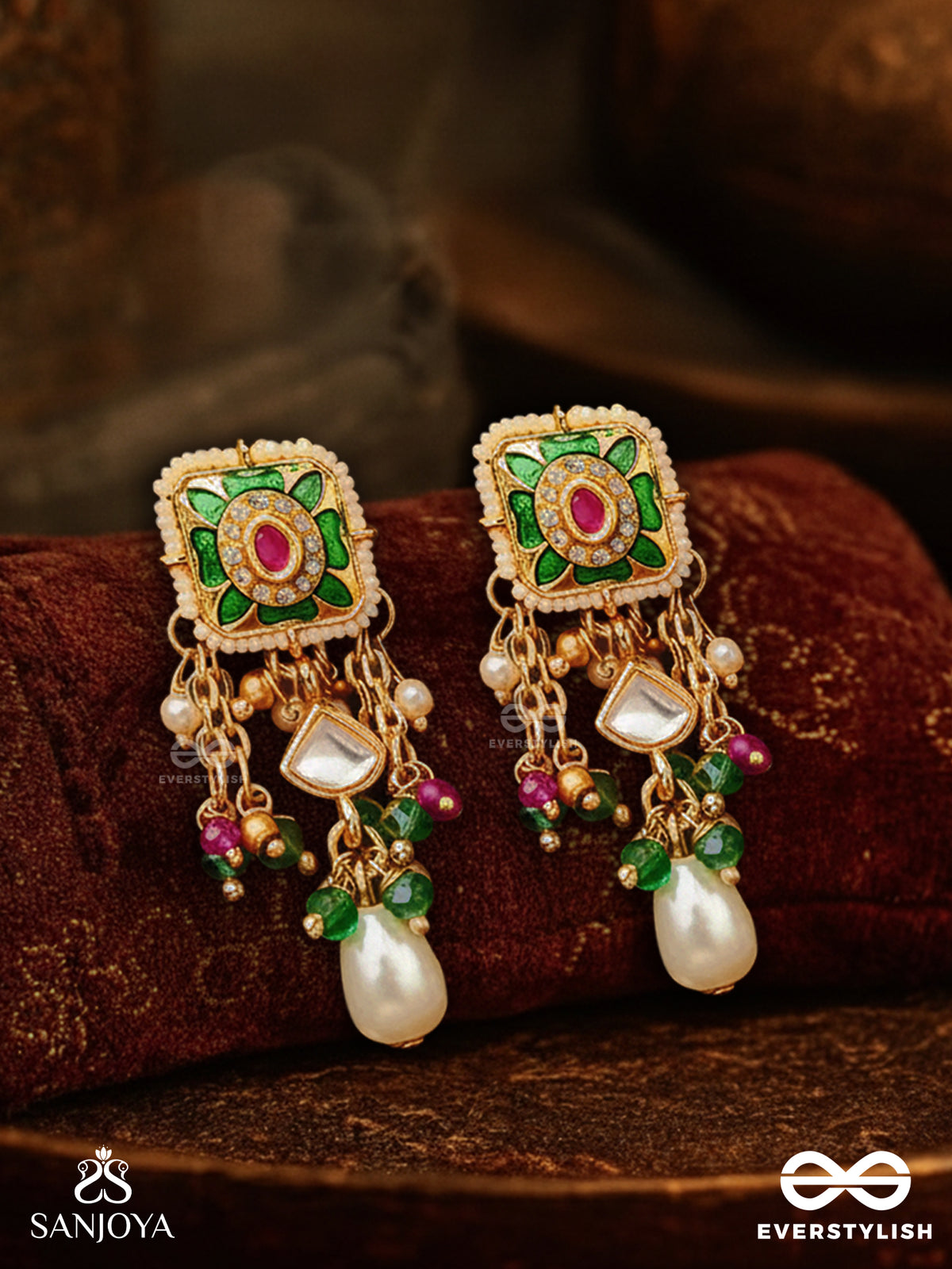 Raniraga - Queen's Melody- Exquisite Kundan Earrings With Floral Enamel Work, Beads And Pearls
