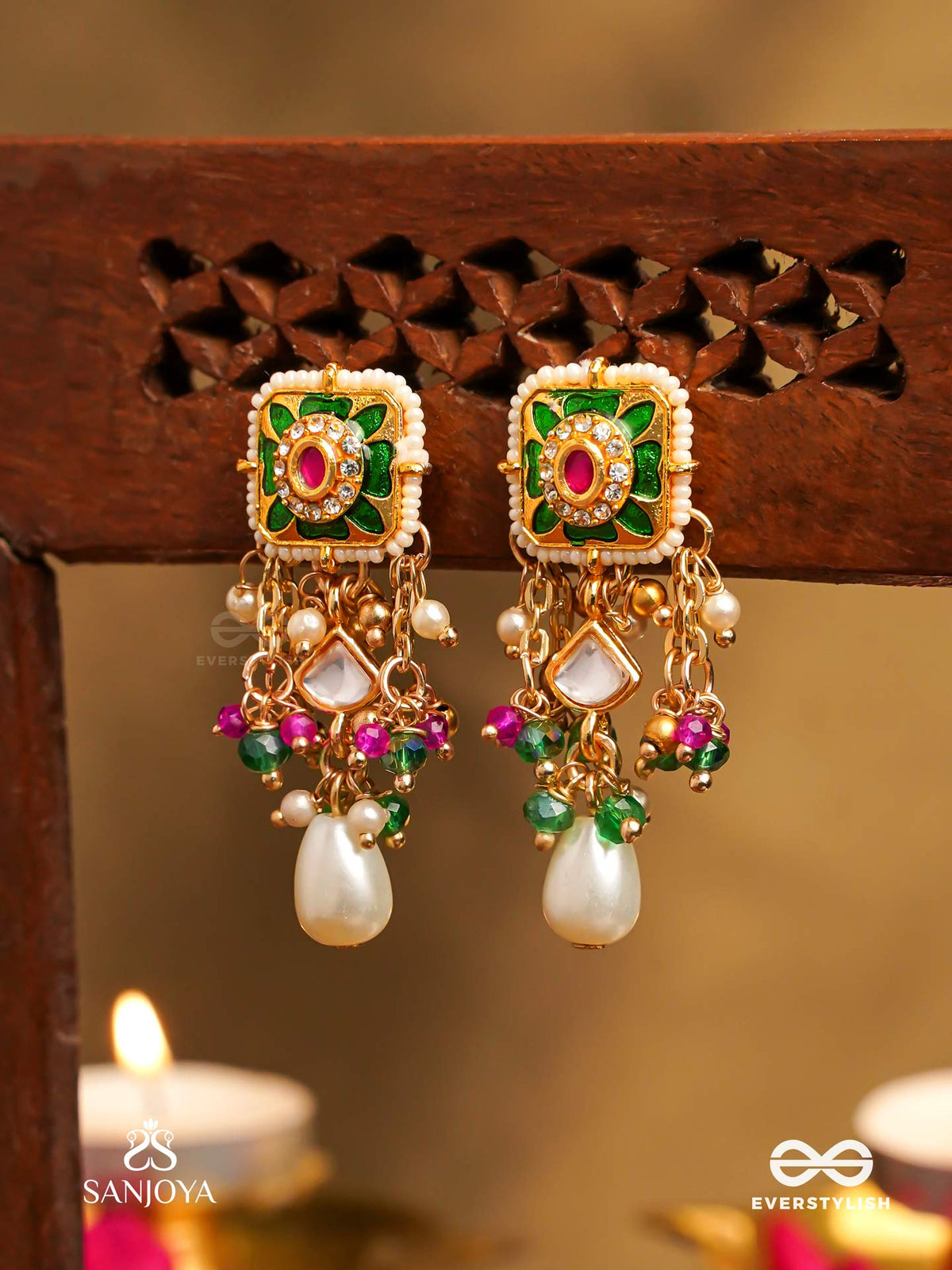 Raniraga - Queen's Melody- Exquisite Kundan Earrings With Floral Enamel Work, Beads And Pearls