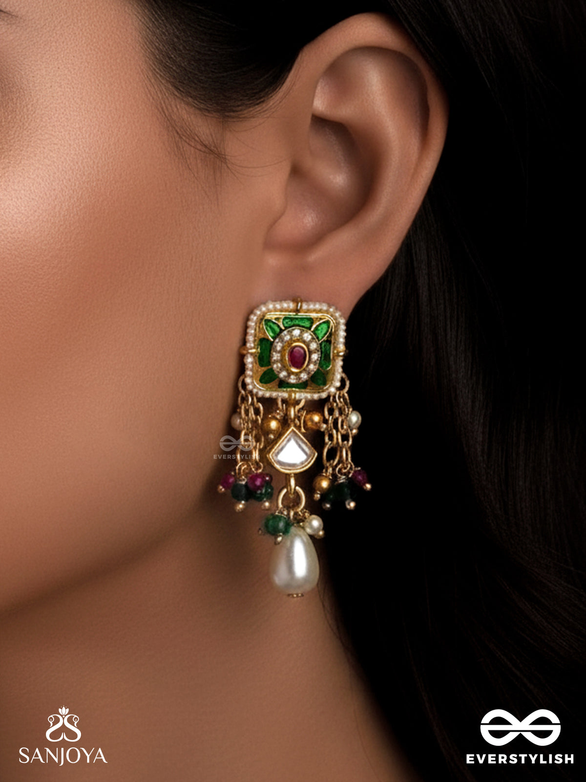 Raniraga - Queen's Melody- Exquisite Kundan Earrings With Floral Enamel Work, Beads And Pearls