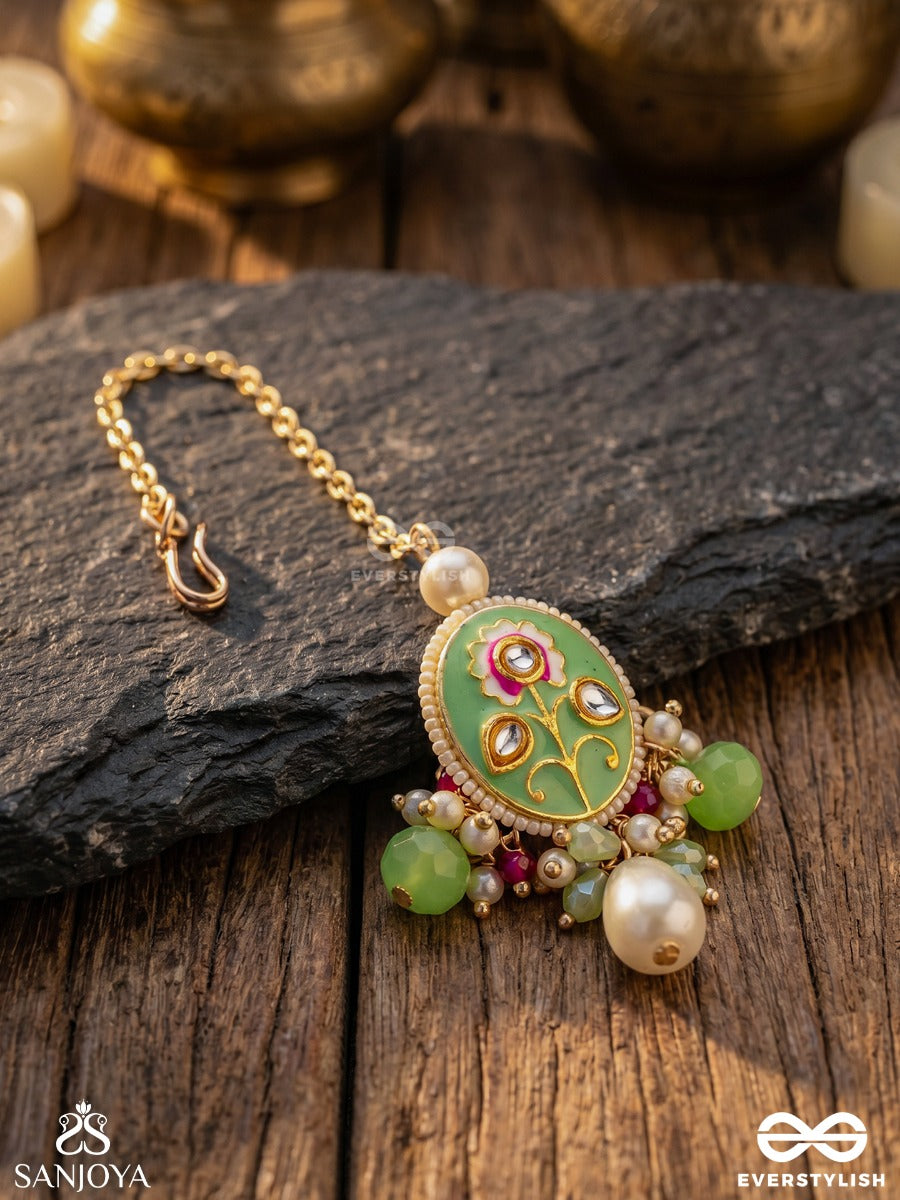Karunya - Graceful Aura- Intricate Kundan Maangtika With Pearls, Beads And Gemstones