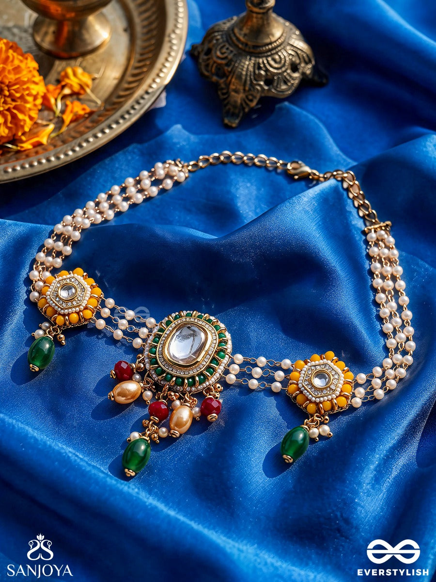Kanakshobha - Golden Grace- Traditional Kundan Neckpiece With Beads And Pearls