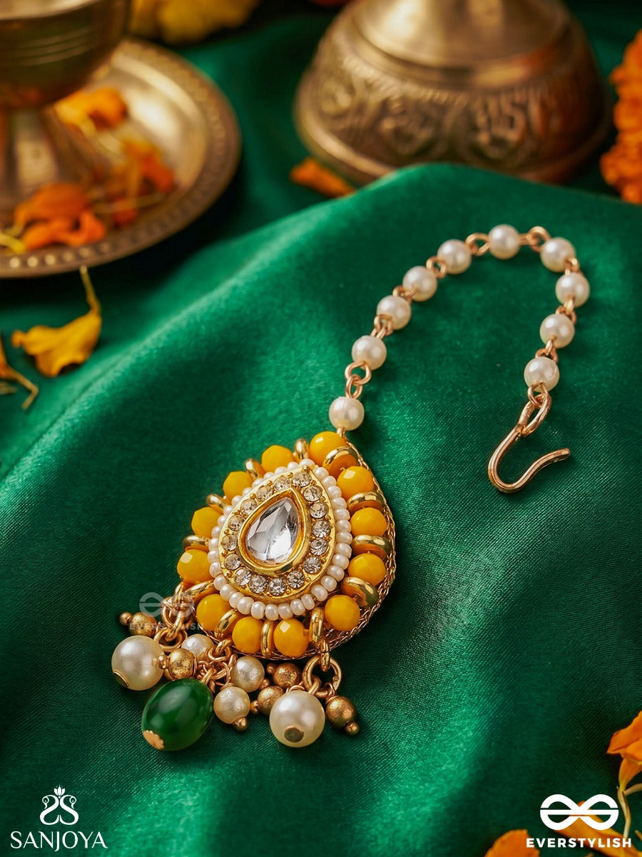Kanakshobha - Golden Grace- Traditional Kundan Maangtika With Beads And Pearls