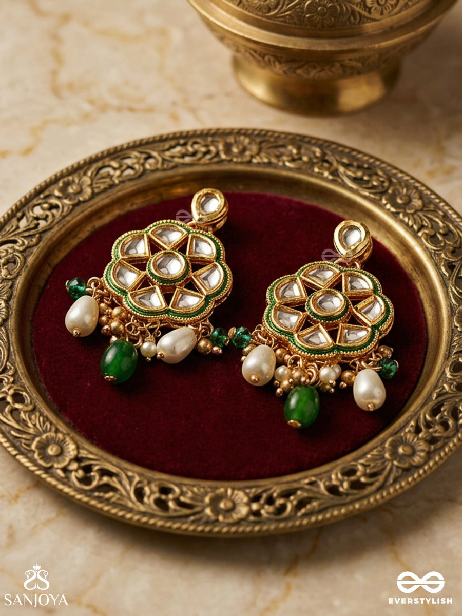 Taralya - Gentle Radiance- Minimal Kundan Earrings With Green Drops And Pearls