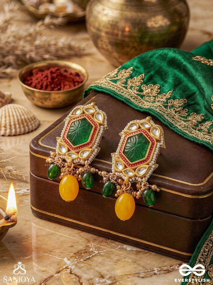 Pitambrini - Adorned In Yellow- Kundan Handcrafted Earrings With Pearls And Beads