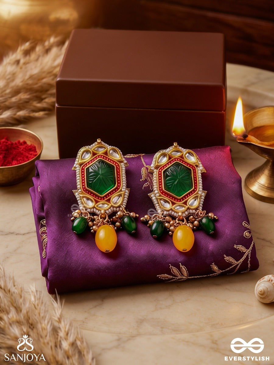 Pitambrini - Adorned In Yellow- Kundan Handcrafted Earrings With Pearls And Beads