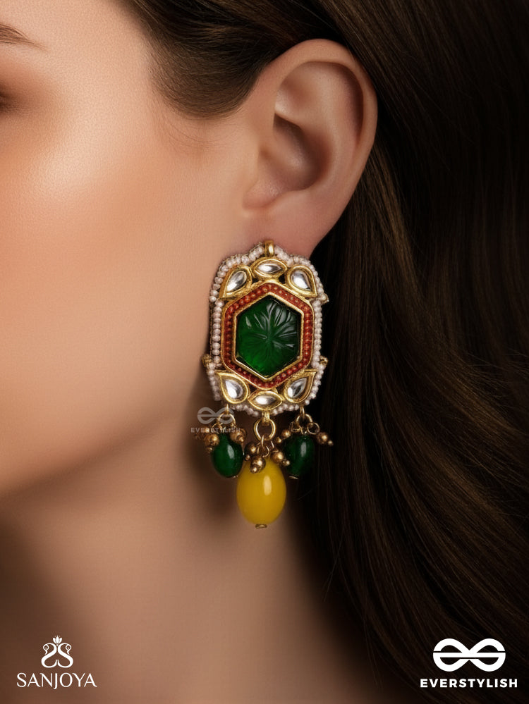 Pitambrini - Adorned In Yellow- Kundan Handcrafted Earrings With Pearls And Beads