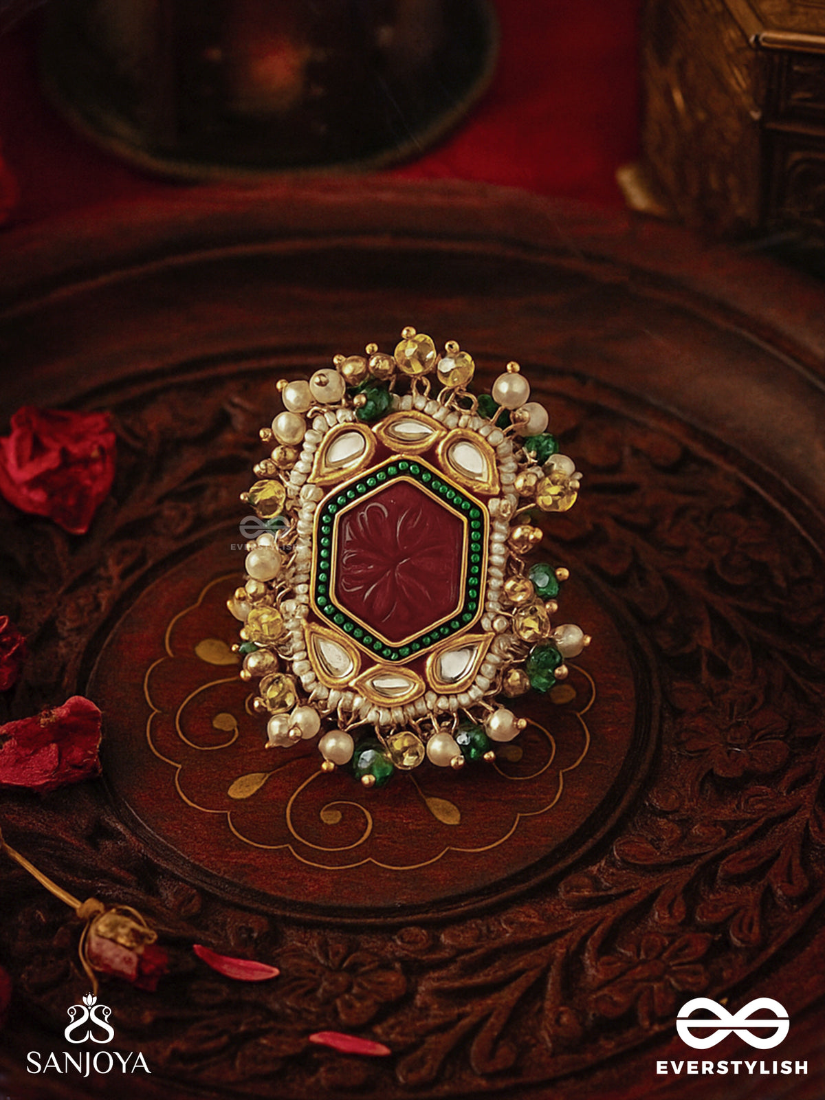 Suryaprabha - Sun's Aura- Luxe Heritage Kundan Ring With Pearls, Beads And Gemstones