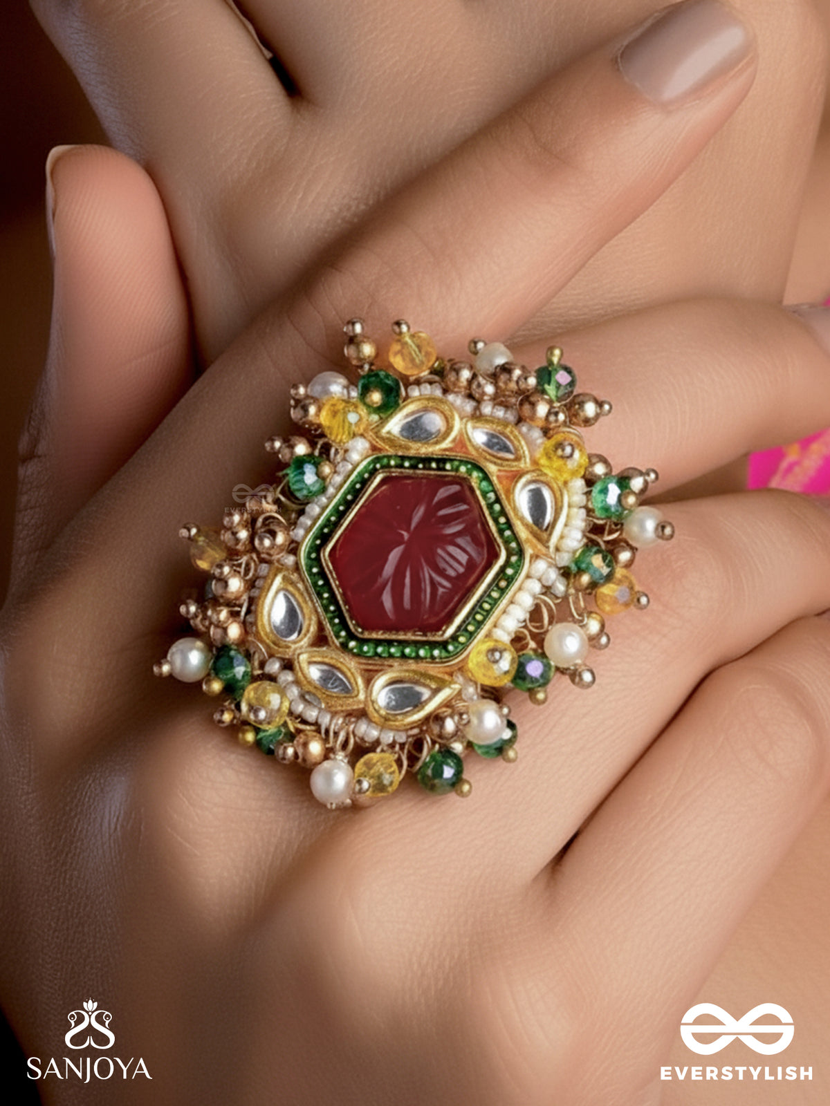 Suryaprabha - Sun's Aura- Luxe Heritage Kundan Ring With Pearls, Beads And Gemstones