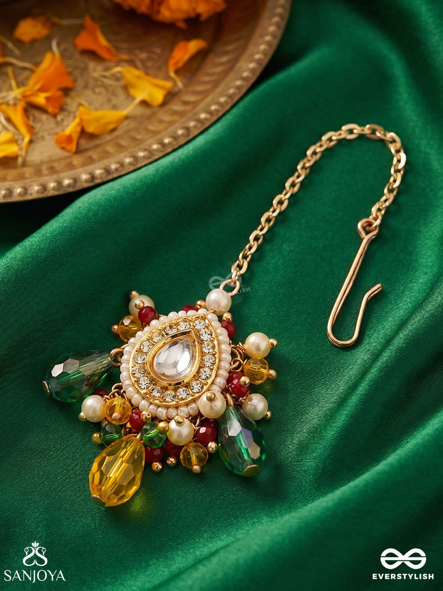 Mridulya - Tender Beauty- Kundan Maangtika With Detailed Round Pendant, Pearls And Beads