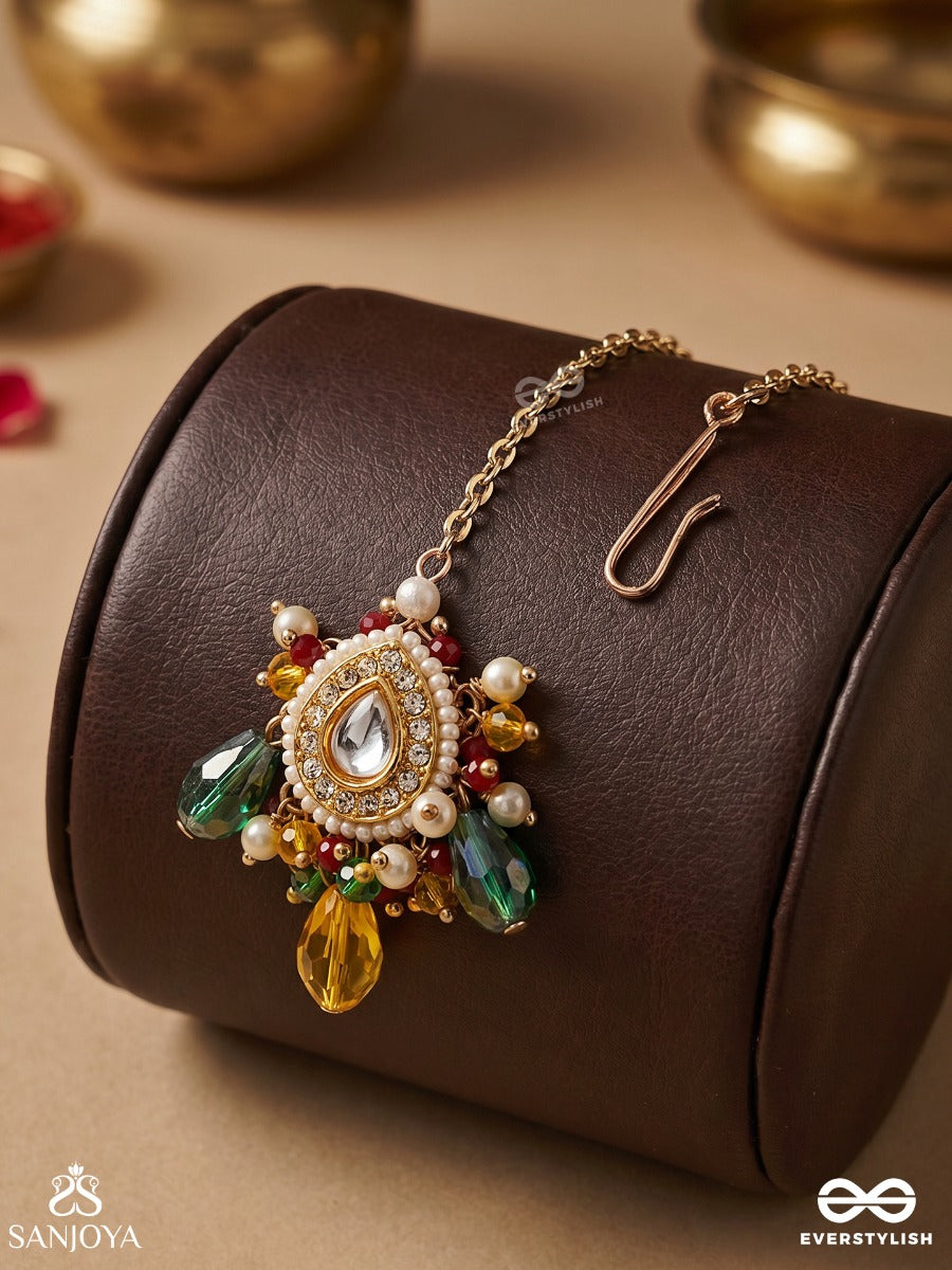 Mridulya - Tender Beauty- Kundan Maangtika With Detailed Round Pendant, Pearls And Beads