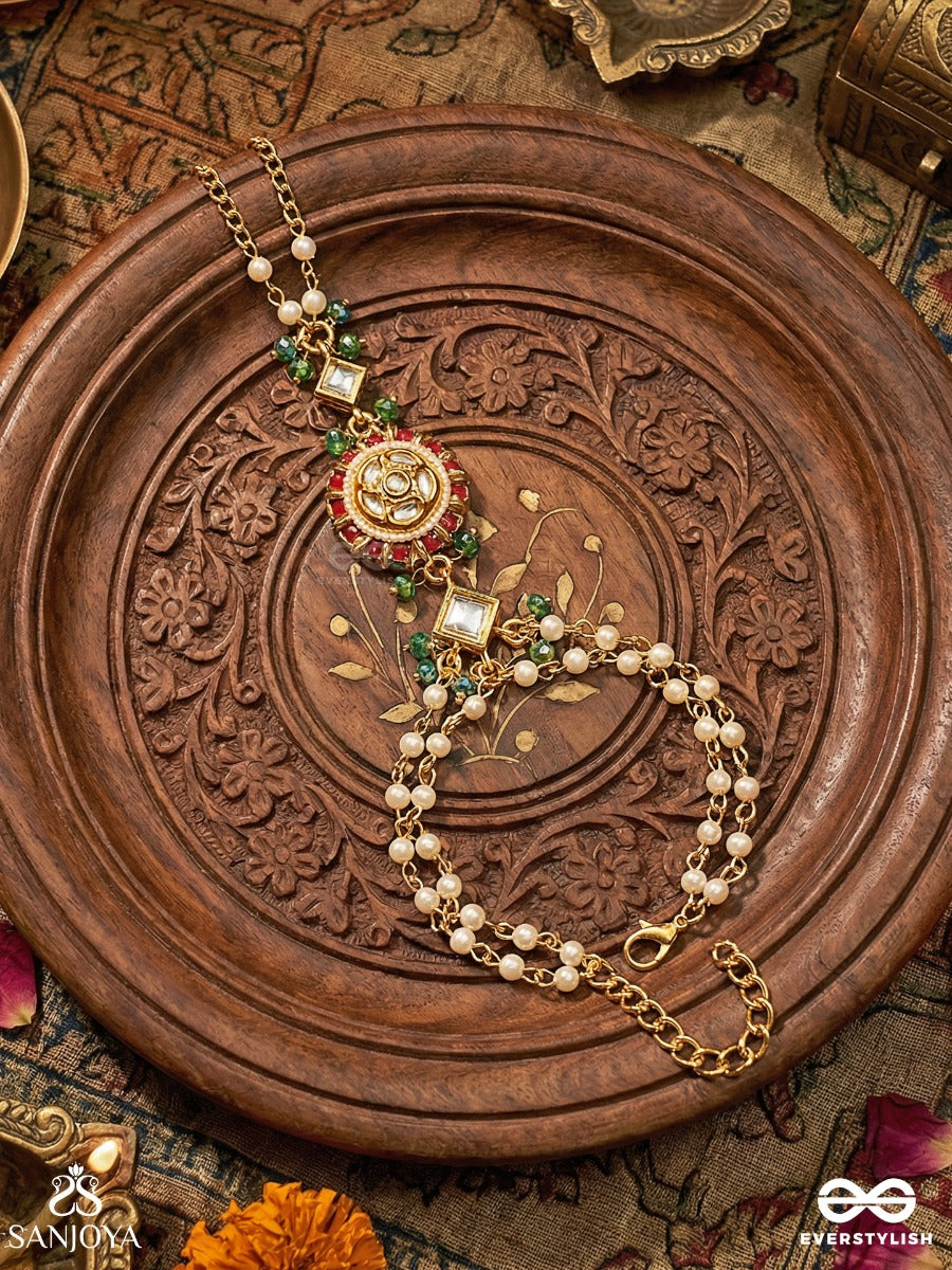 Aaradhika - Divine Adornment - Elegant Hathphool With Gemmed Centrepiece And Pearl Link Chains