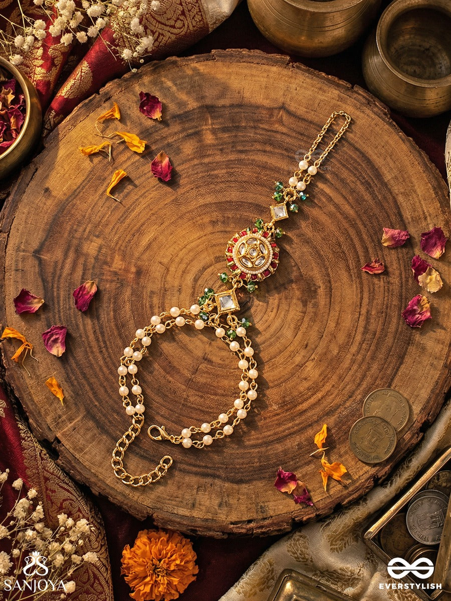 Aaradhika - Divine Adornment - Elegant Hathphool With Gemmed Centrepiece And Pearl Link Chains