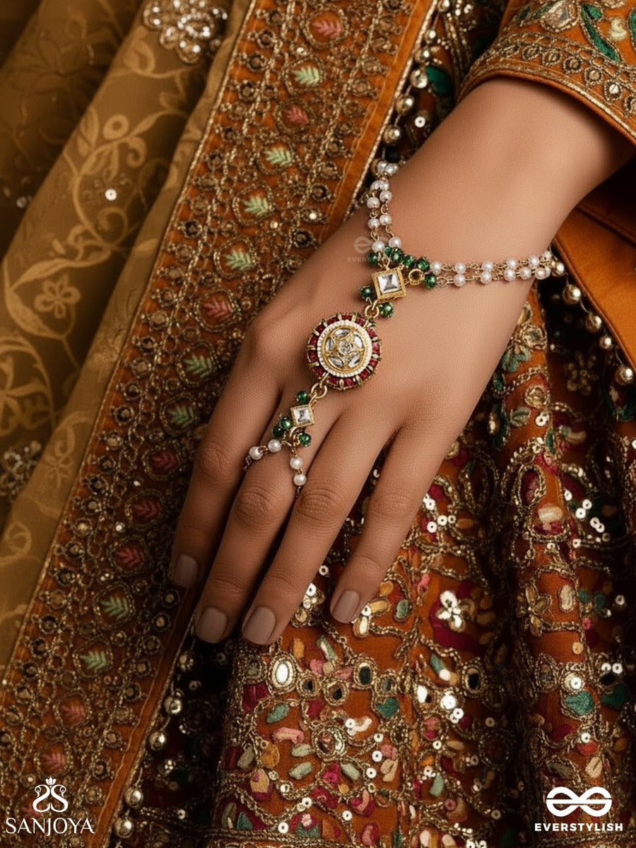 Aaradhika - Divine Adornment - Elegant Hathphool With Gemmed Centrepiece And Pearl Link Chains