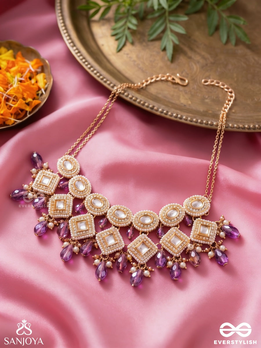 Shyamala - Dusky Queen- Geometric Polki Necklace With Rich Glass Drops And Pearls