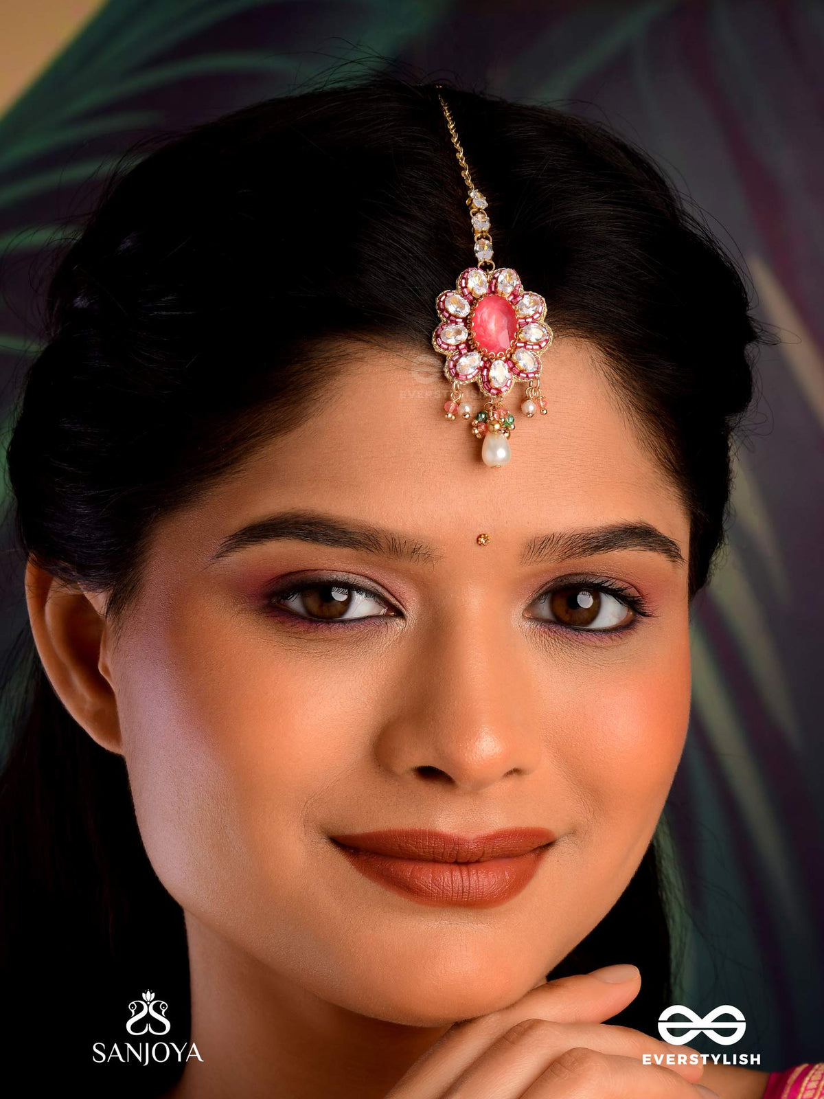 Lalima - Tint Of Pink- Hand Embroidered Maangtika With Pearl Droplets And Gemstones