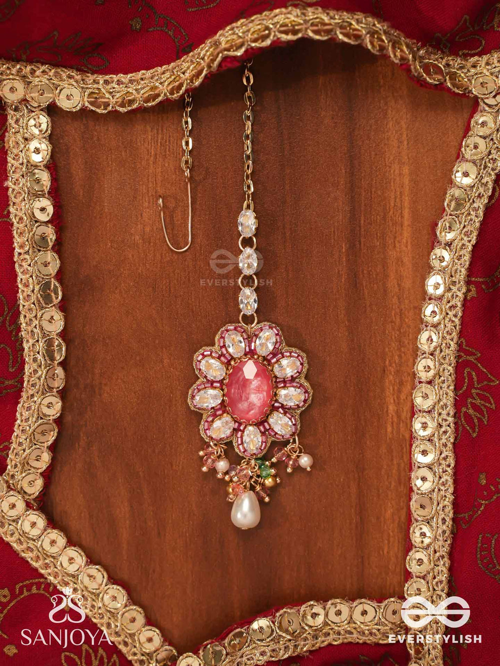 Lalima - Tint Of Pink- Hand Embroidered Maangtika With Pearl Droplets And Gemstones