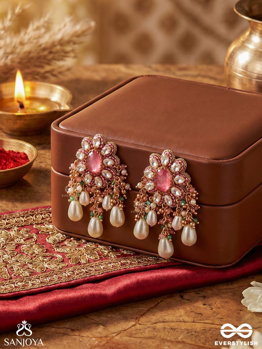Lalima - Tint Of Pink- Hand Embroidered Earrings With Pearl Droplets And Gemstones