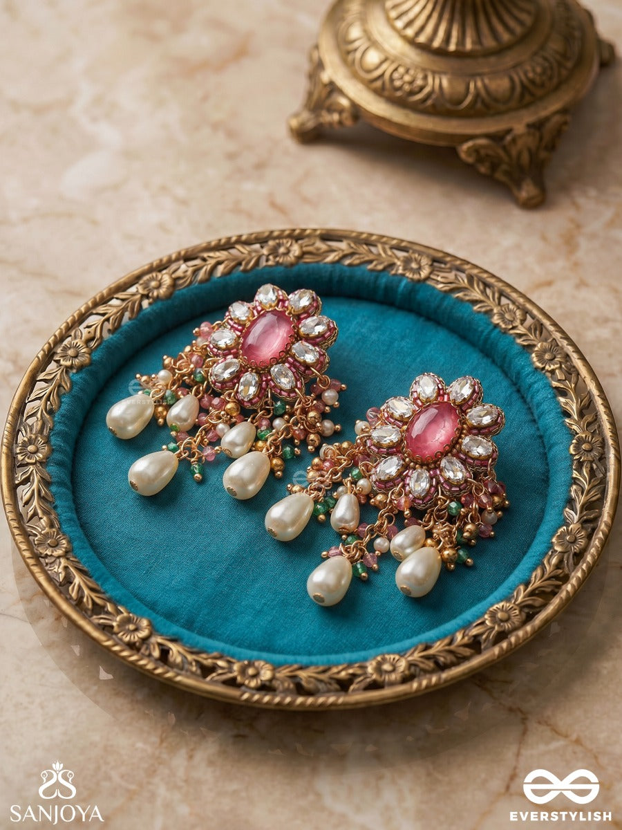 Lalima - Tint Of Pink- Hand Embroidered Earrings With Pearl Droplets And Gemstones
