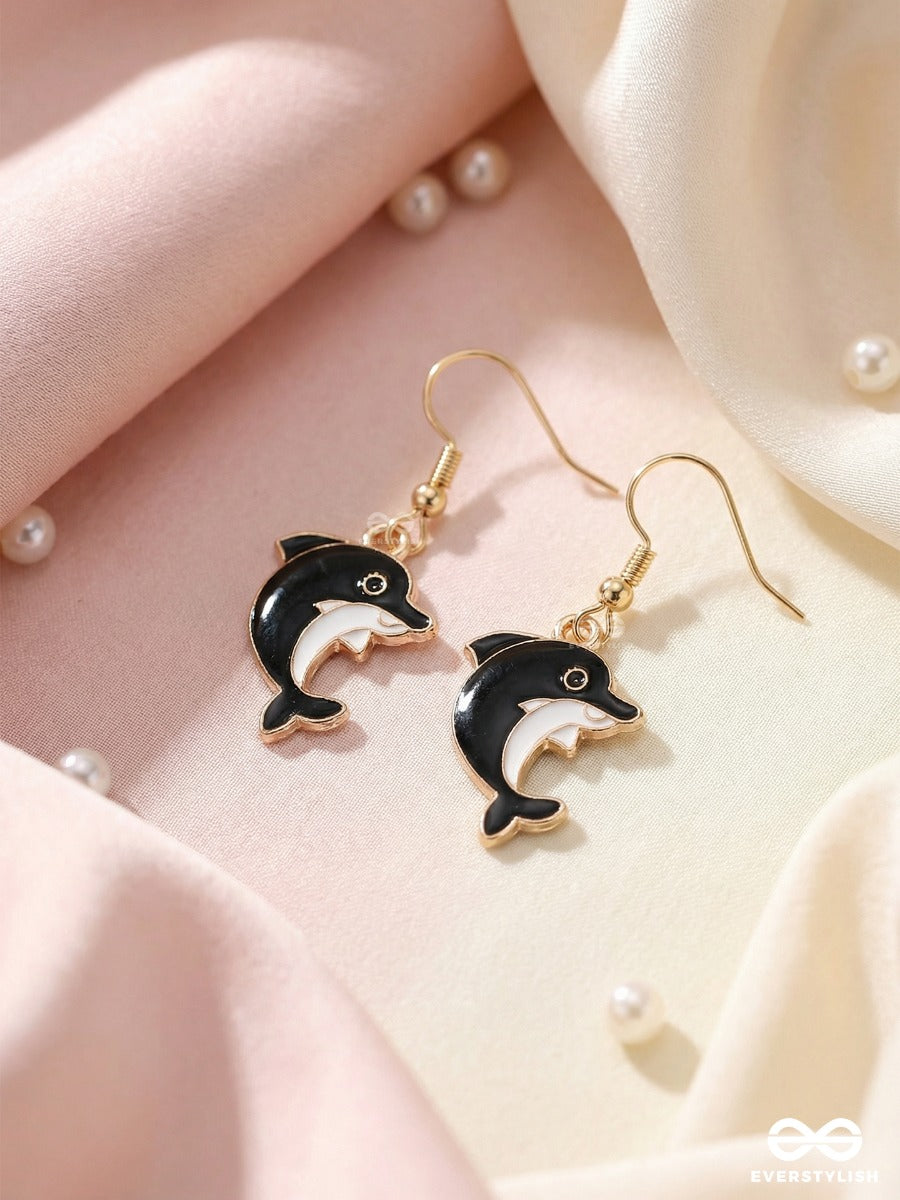 Black Splash - Quirky Dark Dolphin Drop Earrings