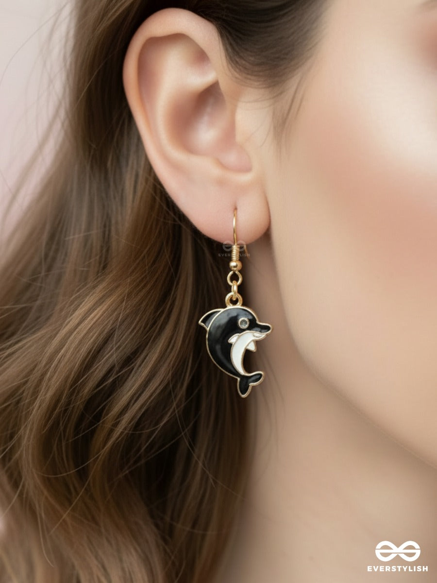 Black Splash - Quirky Dark Dolphin Drop Earrings