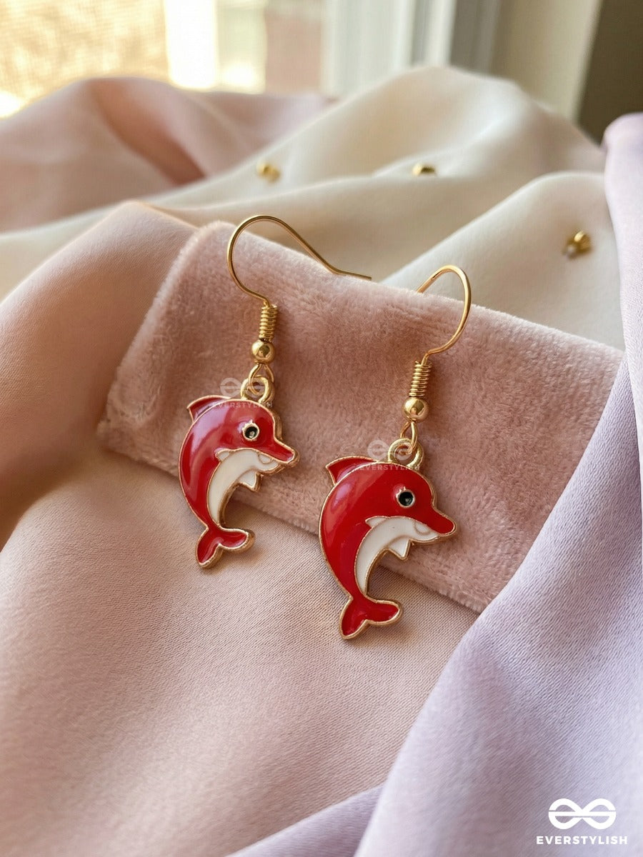 Ruby Splash - Bright Red Enamel Dolphin Drop Earrings