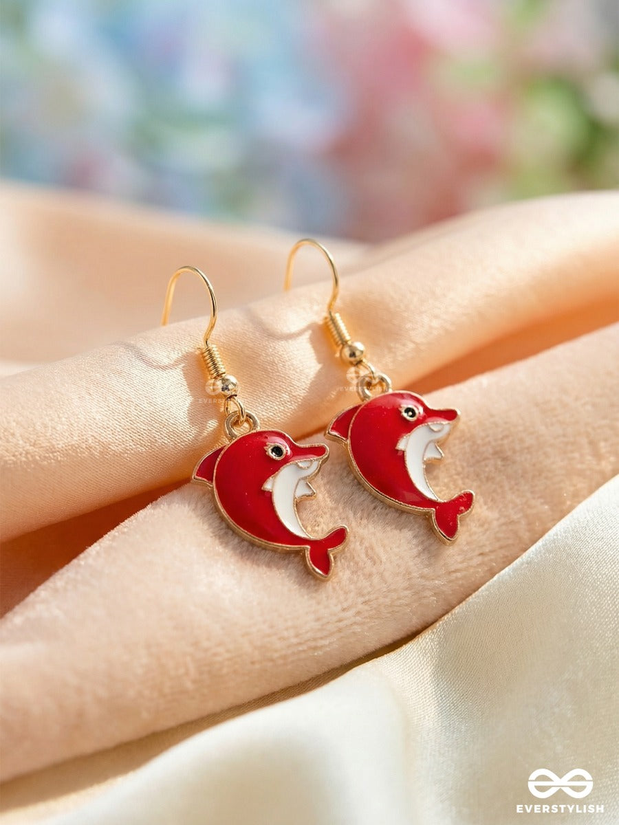 Ruby Splash - Bright Red Enamel Dolphin Drop Earrings