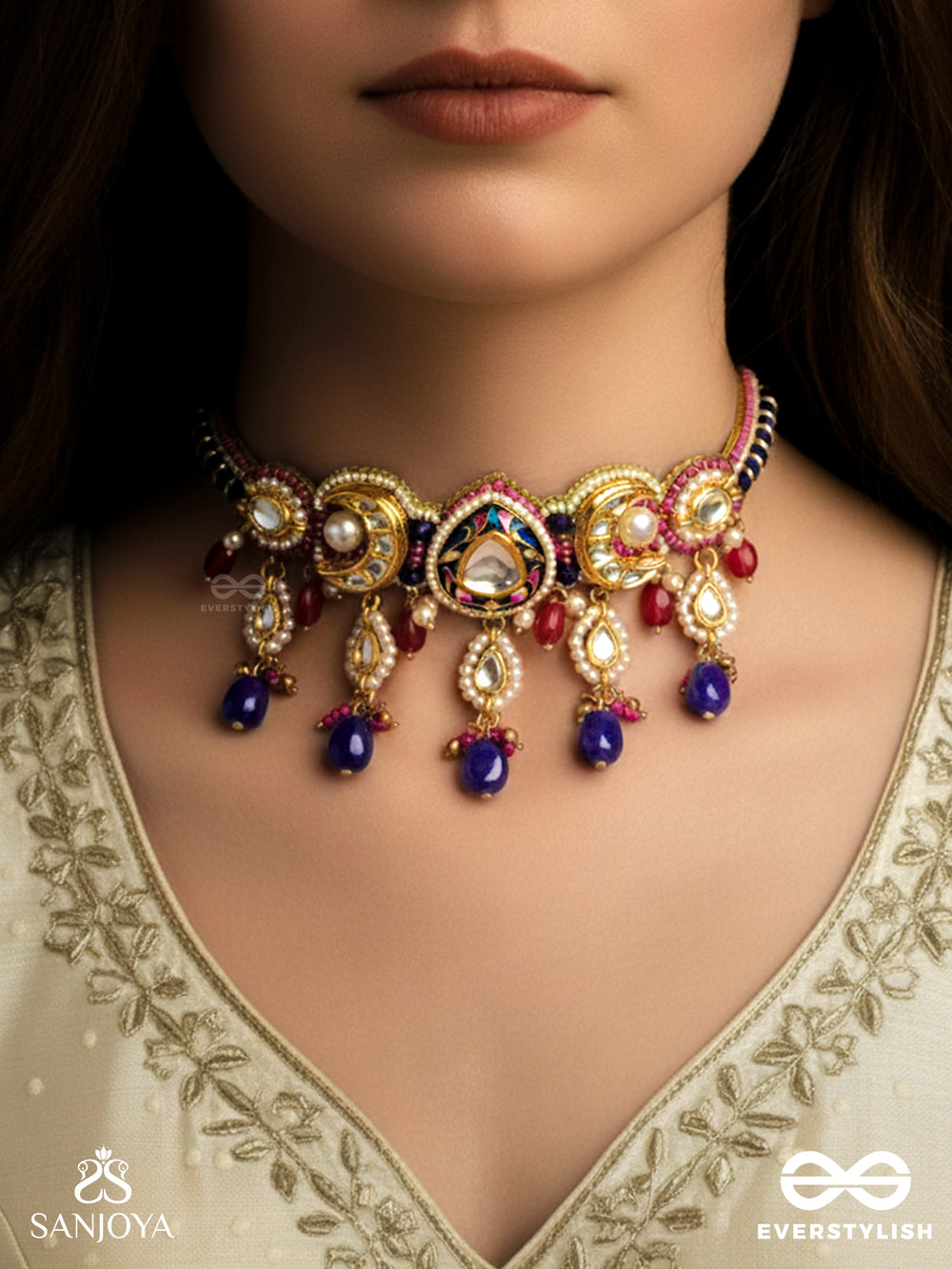 Kumudraag - Blooming At Night- Intricate Enamelled Handcrafted Kundan Choker With Pearls And Beads