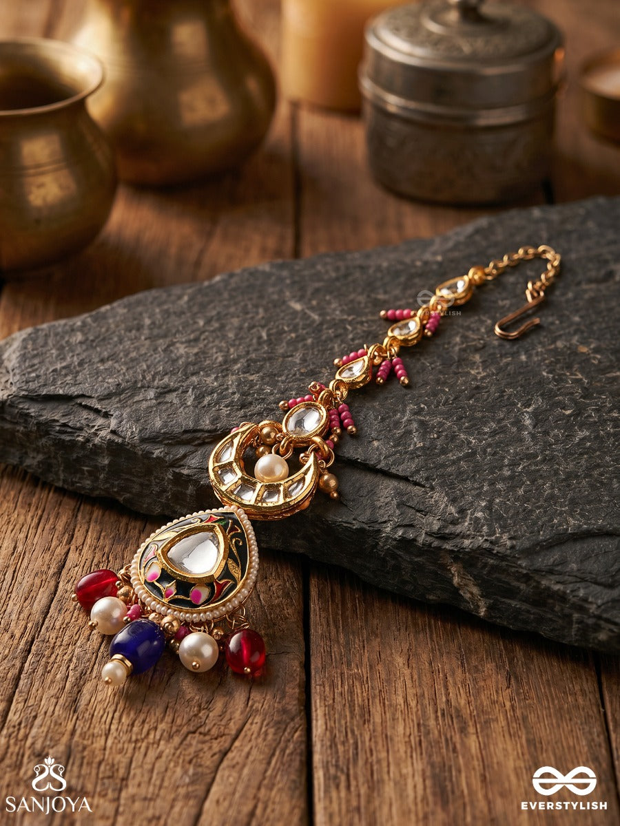 Kumudraag - Blooming At Night- Intricate Enamelled Handcrafted Kundan Maangtika With Pearls And Beads
