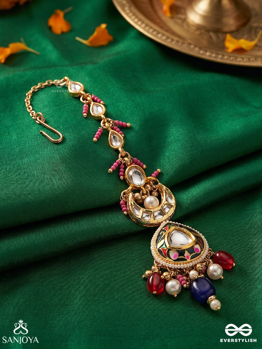 Kumudraag - Blooming At Night- Intricate Enamelled Handcrafted Kundan Maangtika With Pearls And Beads
