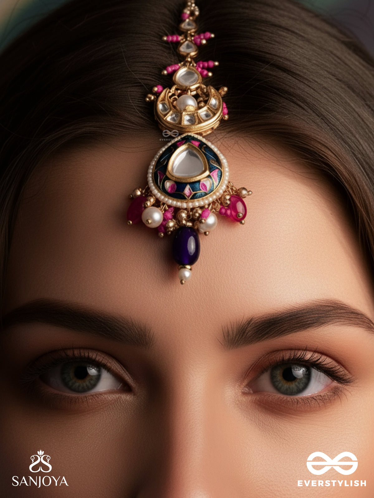 Kumudraag - Blooming At Night- Intricate Enamelled Handcrafted Kundan Maangtika With Pearls And Beads