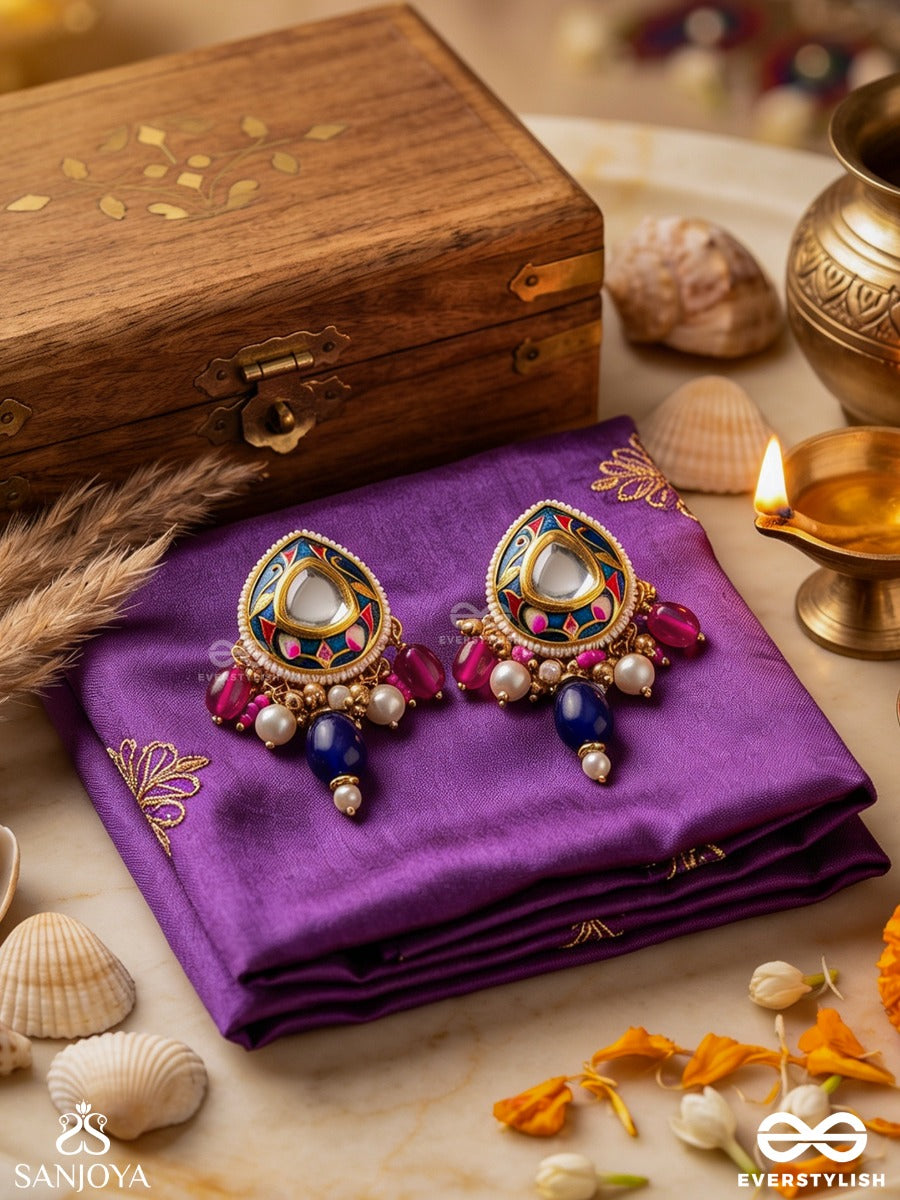 Kumudraag - Blooming At Night- Intricate Enamelled Handcrafted Kundan Earrings With Pearls And Beads