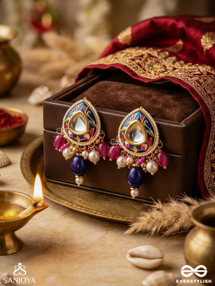 Kumudraag - Blooming At Night- Intricate Enamelled Handcrafted Kundan Earrings With Pearls And Beads