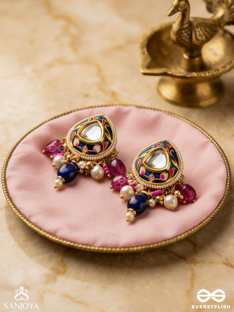 Kumudraag - Blooming At Night- Intricate Enamelled Handcrafted Kundan Earrings With Pearls And Beads