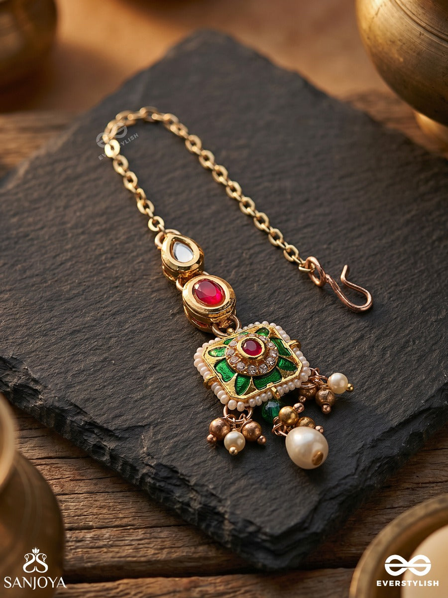 Vandevi - Goddess Of The Forest- Graceful Kundan Maangtika With Beads, Dainty Chains And Pearl Drops