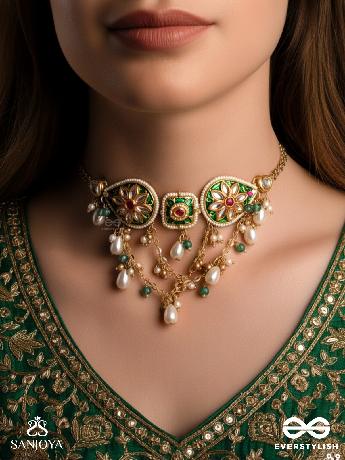 Vandevi - Goddess Of The Forest- Graceful Kundan Necklace With Beads, Dainty Chains And Pearl Drops