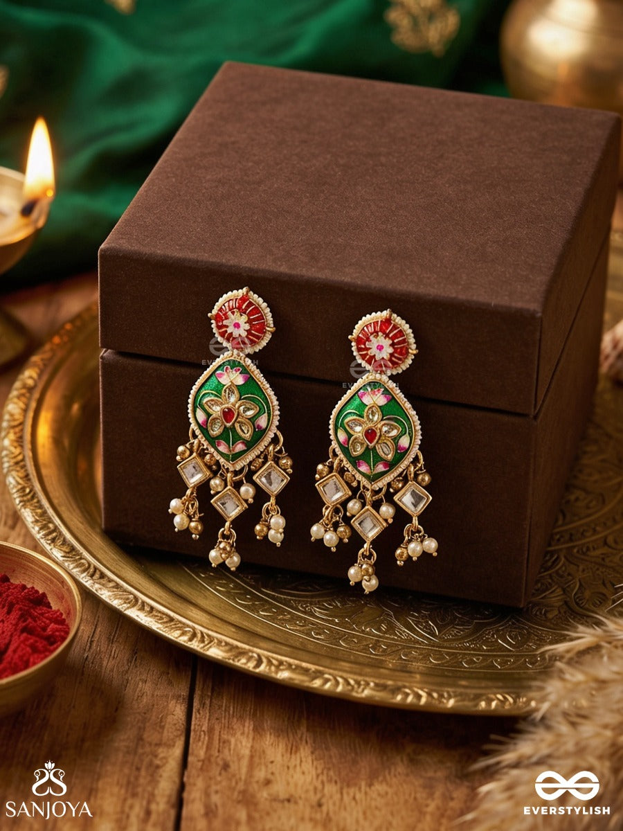 Shringarika - The Adorned One- Elegant Pearl Earrings With Green Enamel Drop, Kundan And Beads