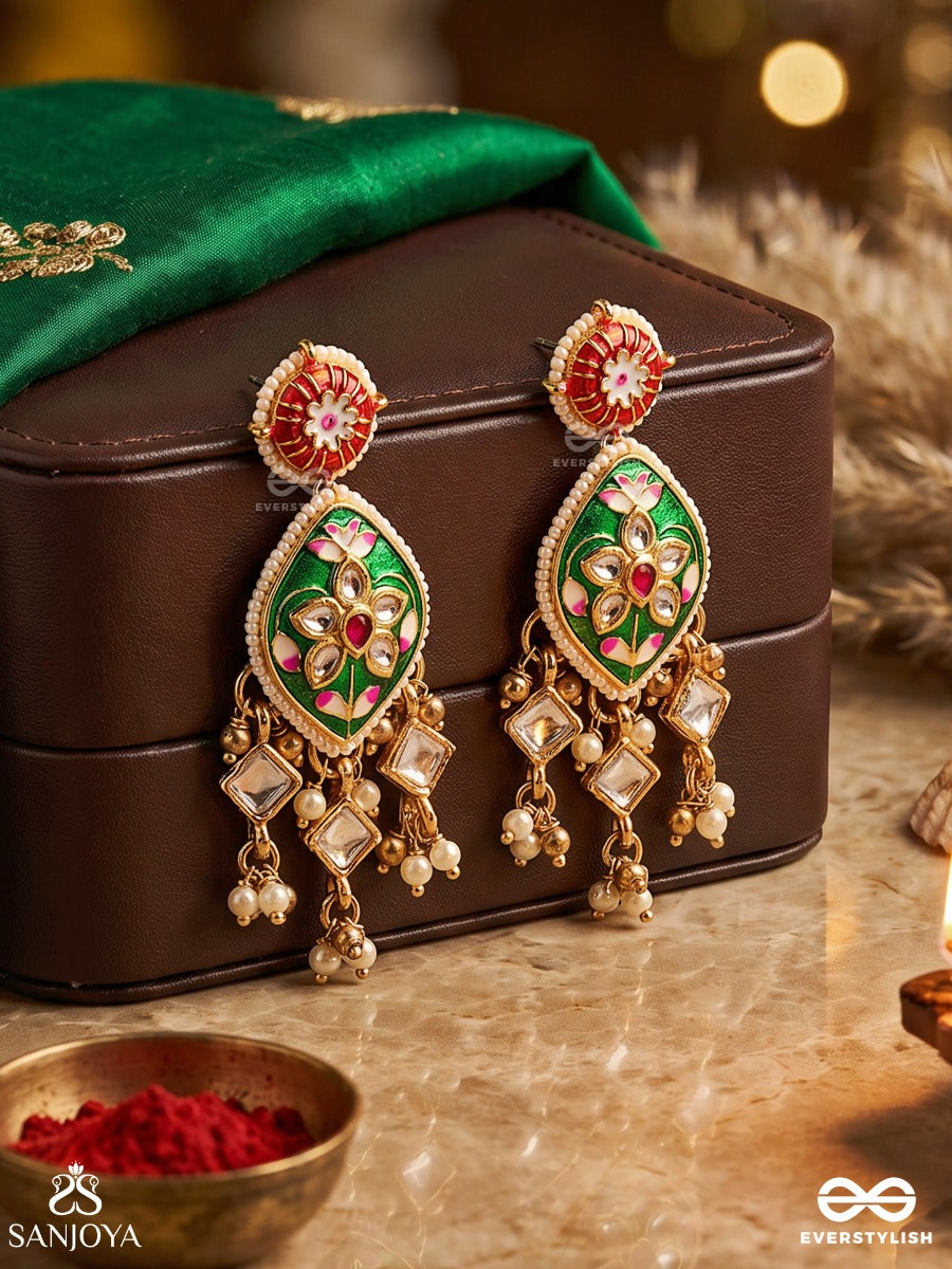 Shringarika - The Adorned One- Elegant Pearl Earrings With Green Enamel Drop, Kundan And Beads