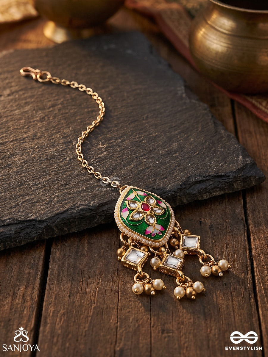 Shringarika - The Adorned One- Elegant Pearl Maangtika With Green Enamel Drop, Kundan And Beads