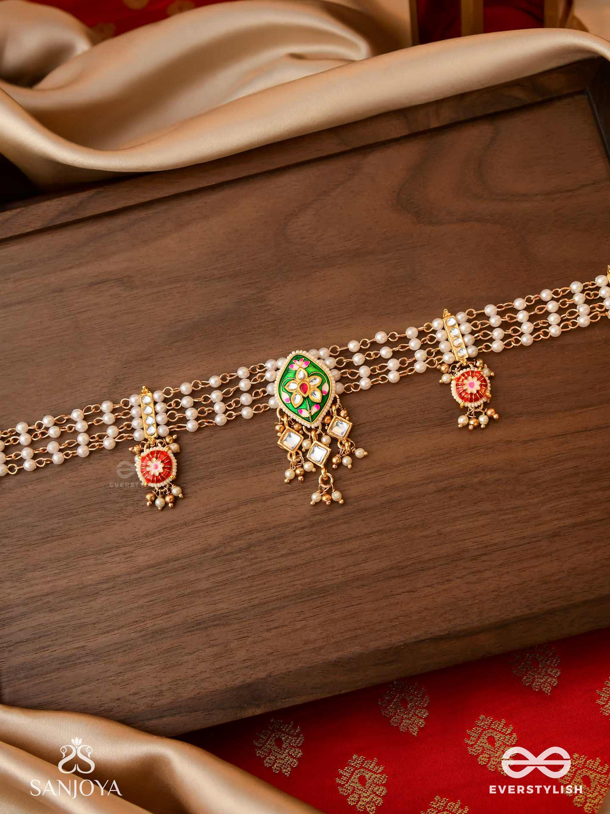 Shringarika - The Adorned One- Elegant Pearl Necklace With Green Enamel Drop, Kundan And Beads